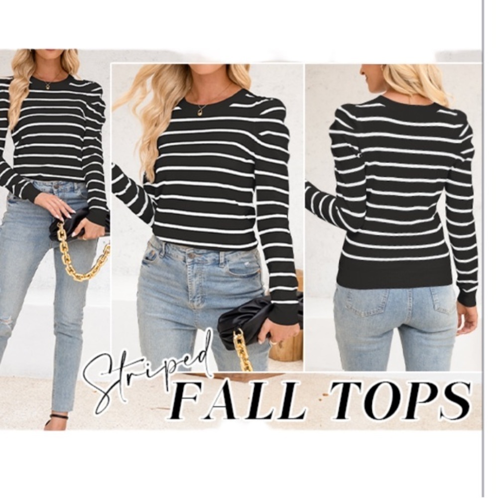 ZESICA Striped Puff Long Sleeve Sz M Fall Crewneck Ribbed Knit Casual Pullover